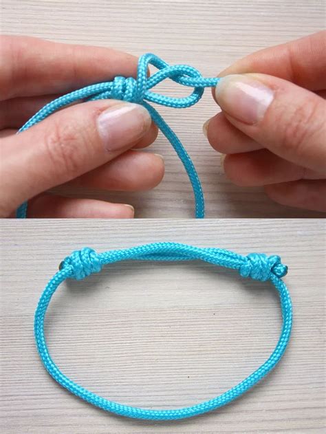 Two Pictures Showing How To Tie A Bracelet With Blue String And An