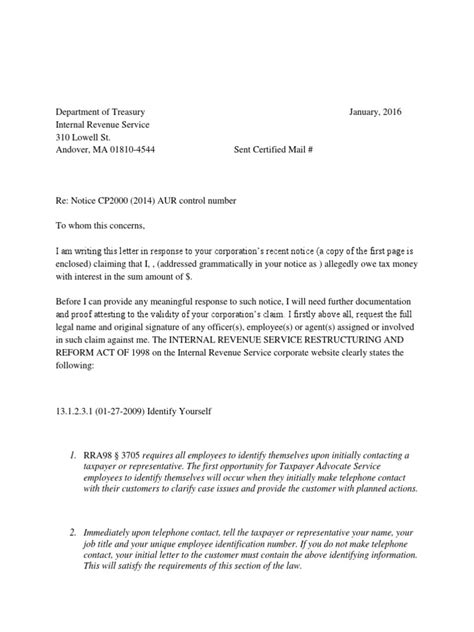Irs Response Letter Template Federal Government Of The United States