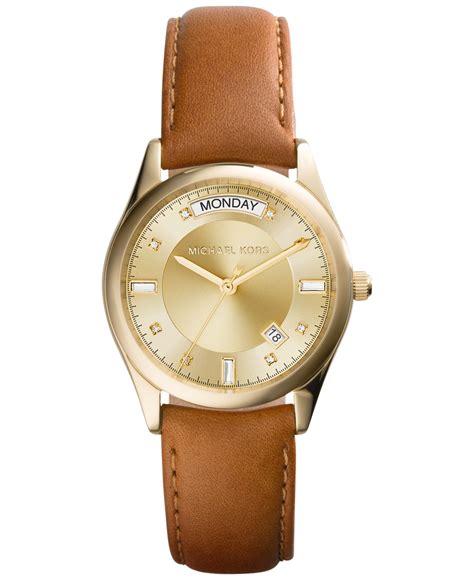 Michael Kors Womens Colette Luggage Leather Strap Watch 34mm Mk2374 In