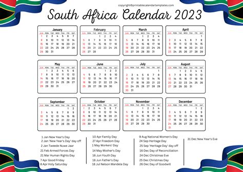 South Africa Calendar 2023 Holidays Free Printable Pdf