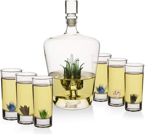Tequila Glasses And Decanter Set With Handblown Agave Design Decanter And 6 Agave