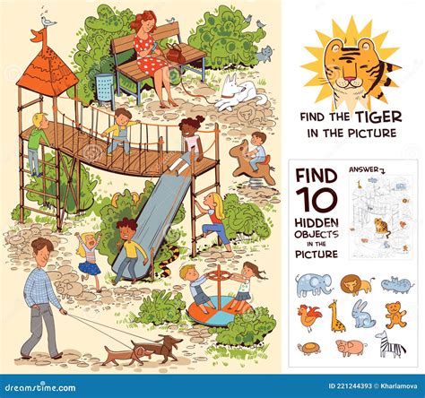 Children In The Playground Find 10 Hidden Objects In The Picture Stock