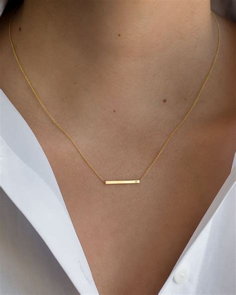 14k Solid Gold Bar Necklace With A Tiny Diamond Comes In The Gold Color Of Your Choice And