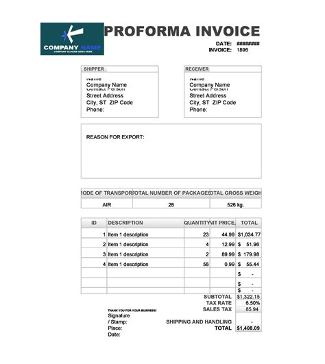 Proforma Invoice Template Free Printable