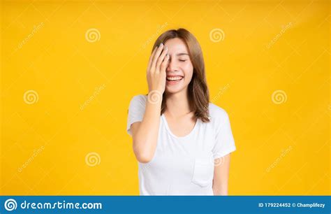 Portrait Young Happy Asian Woman Smile Laughing Hand Covering Your Eye Standing Enjoy Fun
