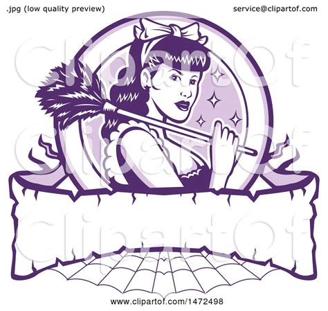 clipart of a sexy french maid holding a feather duster in a circle over a banner and web