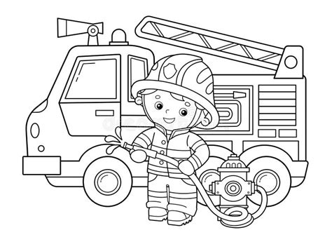 Coloring Page Outline Of Cartoon Fire Truck With Fireman Or Firefighter