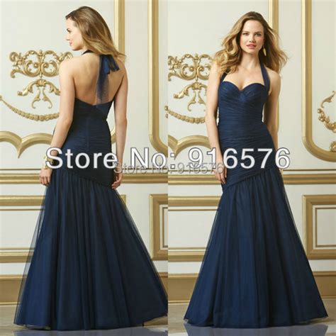 Navy Blue Fit And Flare Dress Floor Length Gown Tulle Bridesmaid