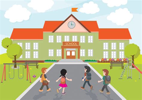 School Vector Illustration With Kids Coming To School Free Vector In