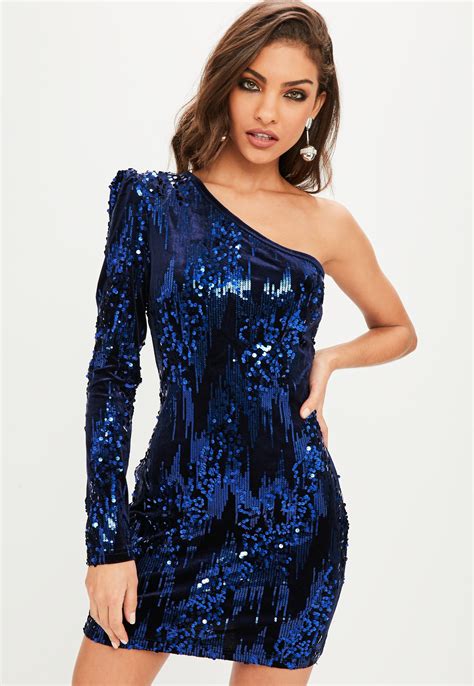 Missguided Synthetic Blue One Shoulder Sequin Bodycon Mini