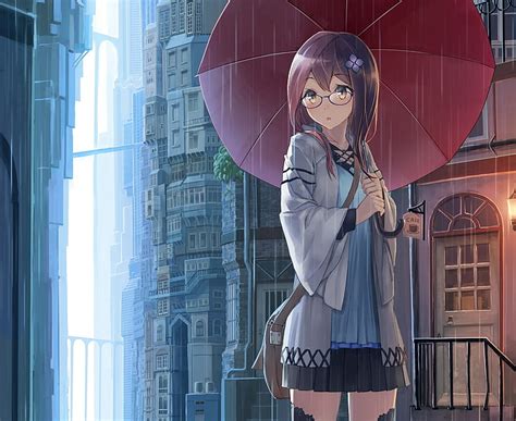 Gadis Anime Hujan Meganekko Payung Rambut Cokelat Dunia Fantasi Bangunan Wallpaper HD