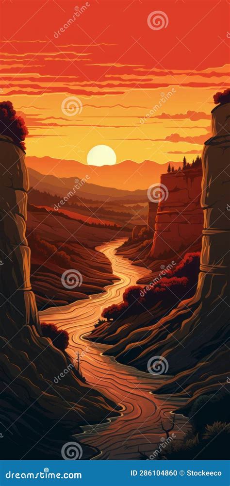 Cartoonish Sunset In Tuscany Meandering River Cliff In High Detail