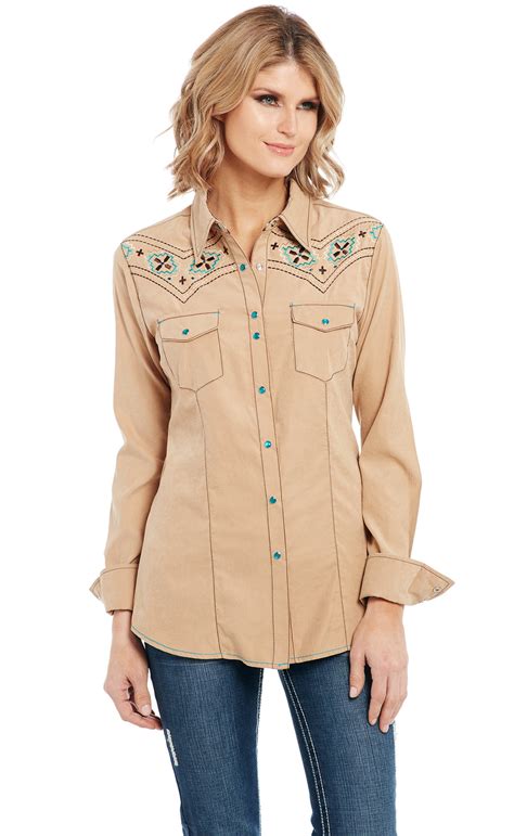 Cowgirl Up Cowgirl Up Womens Tan Polyester Microsuede Stitch Western Shirt L S L Walmart Com
