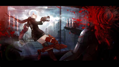 Wallpaper Gun White Hair Anime Girls Blood Darkness Screenshot