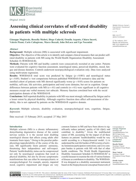Pdf Assessing Clinical Correlates Of Self Rated Disability In
