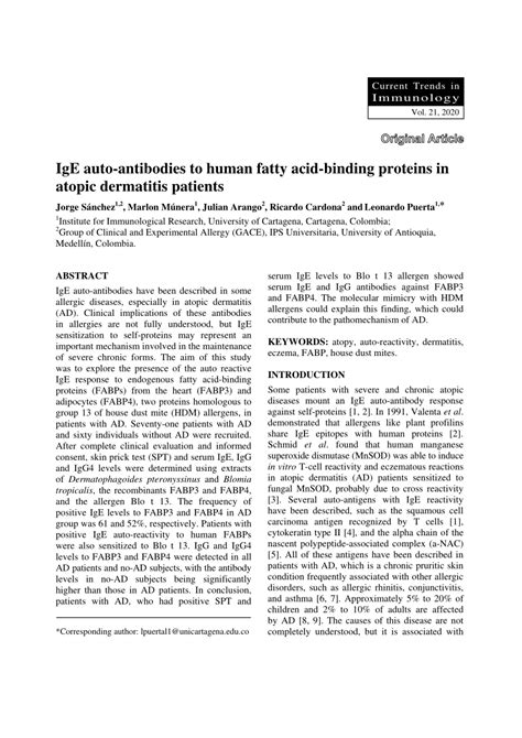 Pdf Ige Auto Antibodies To Human Fatty Acid Binding Proteins In