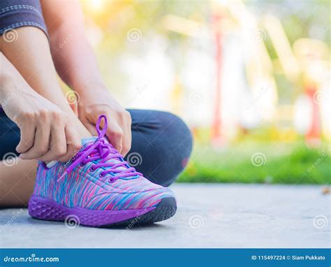 Running Shoes Closeup Of Woman Tying Shoe Laces Stock Photo Image