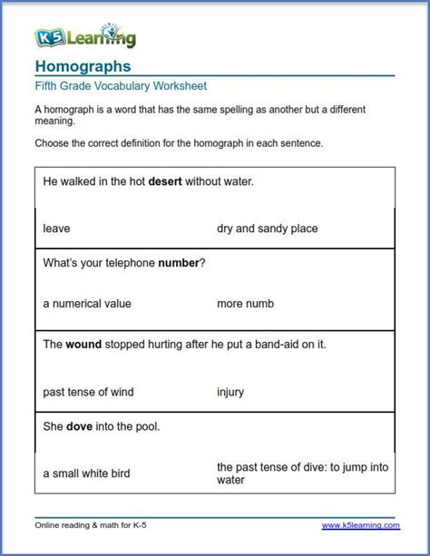 Fifth Grade Vocabulary Worksheet