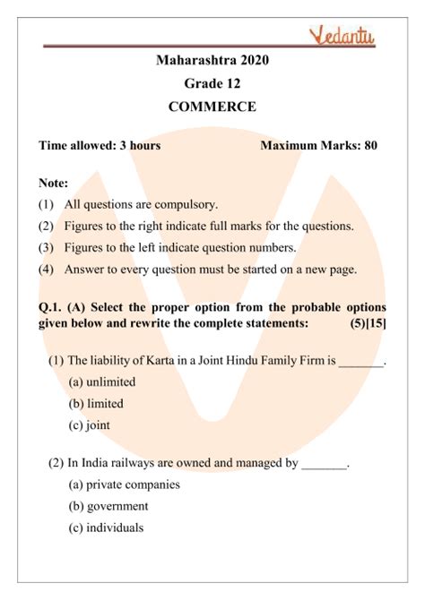 Msbshse Class 12 Commerce Question Paper 2020