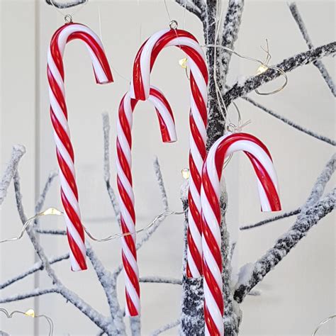 Set Of Six Red And White Acrylic Candy Cane Christmas Tree Decorations