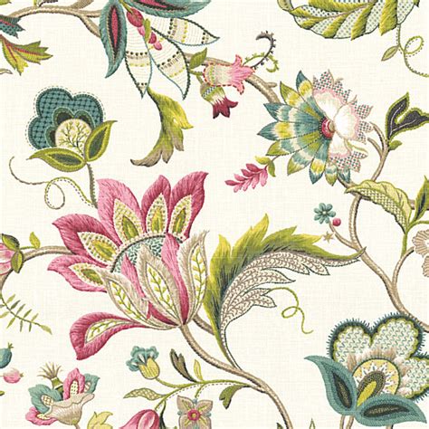 Pink And Blue Jacobean Floral Linen Fabric Traditional Upholstery