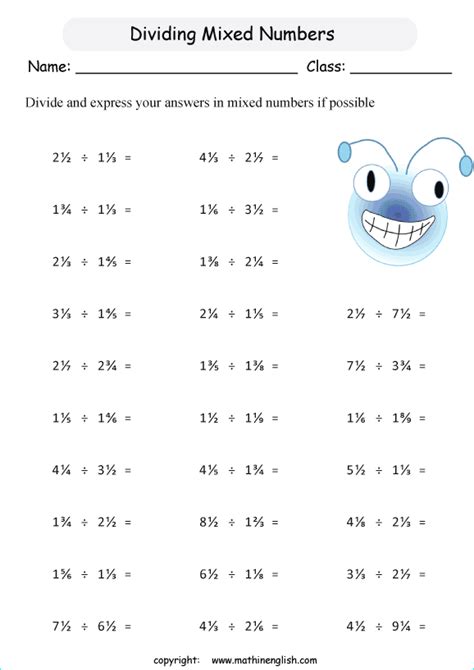 Divide mixed numbers by mixed numbers math worksheet. Grade 6 math
