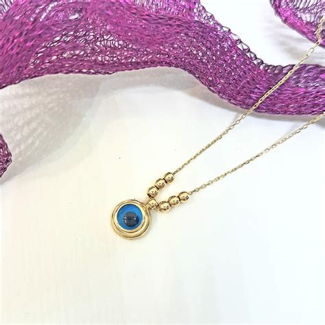 14K Real Solid Gold Lucky Evil Eye With Three Balls Blue Eyes Tiny