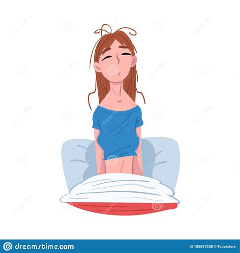 Sleepy Young Woman Sitting In Her Bed After Waking Up People Activity
