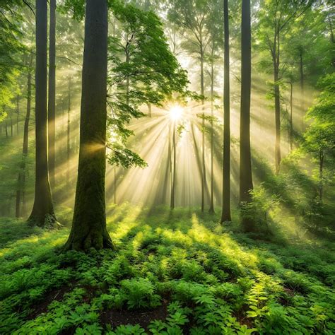 Premium Photo Forest With Sun Rays Passing Through The Trees