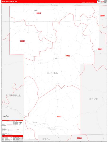 Benton County Ms Zip Code Wall Map Red Line Style By Marketmaps Mapsales