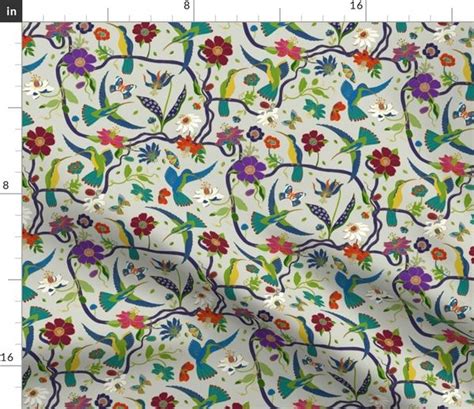 Hummingbirds And Passion Flowers On Gr Spoonflower