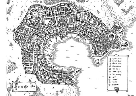 Fantasy City Map Horseshoe Bay Carthography Top Down View Art Print