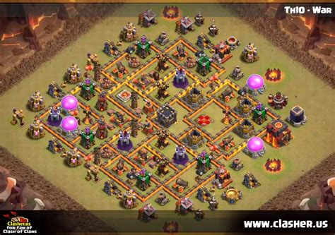 It defends well against a lot of different attack strategies at th10 including giant healer, miners, witch slap, queen walk town hall 10 war armies. Town Hall 10 - WAR Base Map #11 - Clash of Clans | Clasher.us