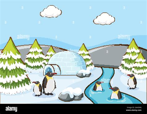 Scene With Penguins In Winter Illustration Stock Vector Image And Art Alamy