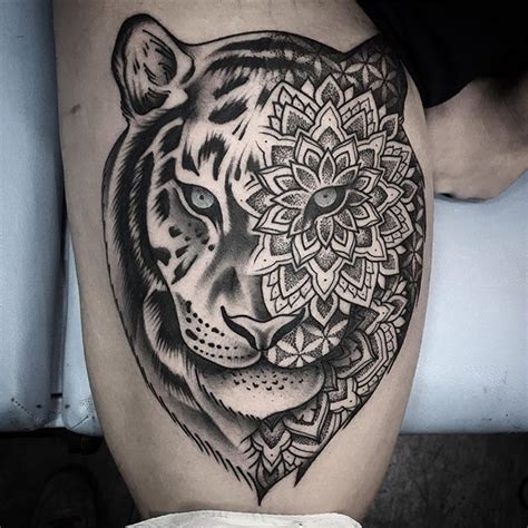 New School Style Black Ink Thigh Tattoo Of Tiger Stylized