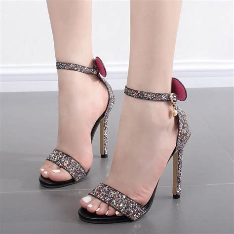 Beads Decorate Sequins Ankle Wraps Stiletto High Heel Sandals Heels