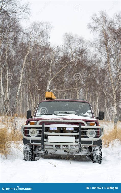 Off Road Vehicle In Winter Forest Stock Image Image Of Road