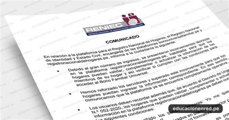 Bono familiar universal de 760 soles: RENIEC: Comunicado Oficial sobre la plataforma del ...