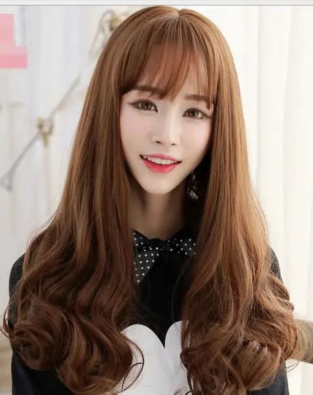 The Girl With Long Curly Hair Wig Pear Long Hair Cute Korean Air Bangs Hair C8126 Heat Resistant