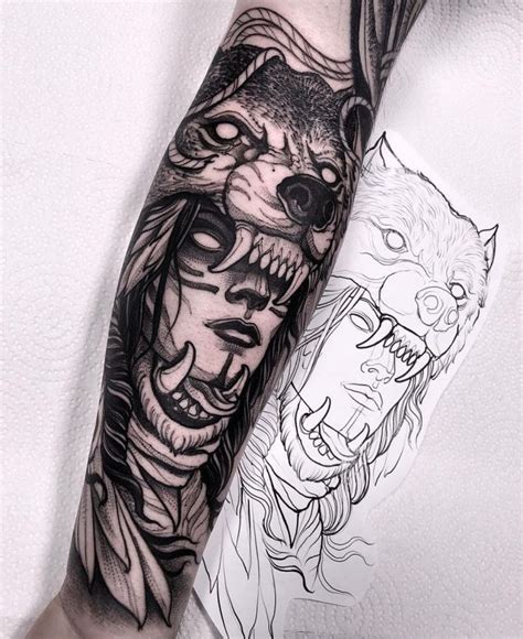 Different animal depictions, such as eagle, raven, wolf and bear. Wolf Headdress Tattoo on Inspirationde | Headdress tattoo ...