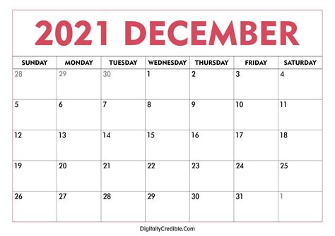 December 2021 Calendar Printable Desk And Wall