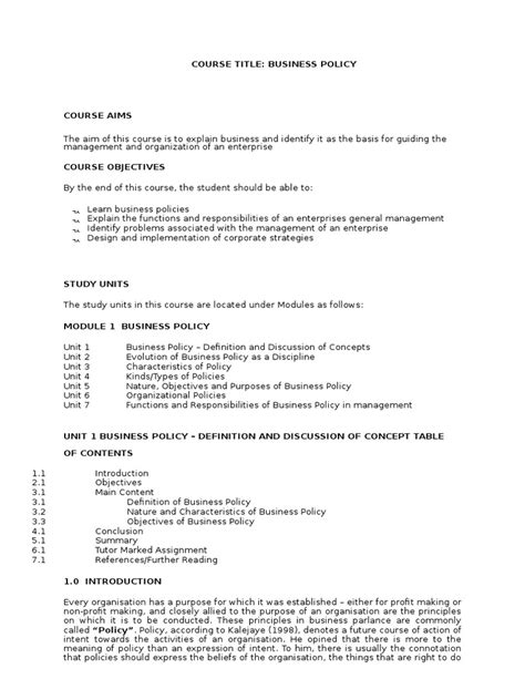 Business Policy Notes Strategic Management Cooperative Free 30