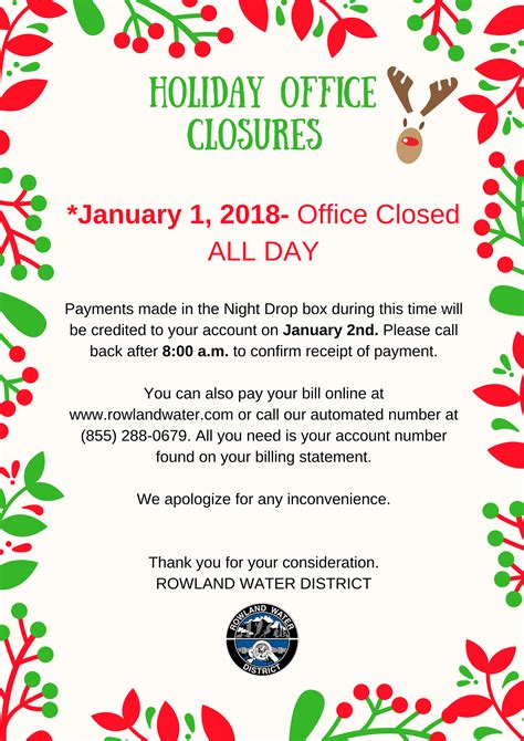 Holiday Office Closures Rowland Water District