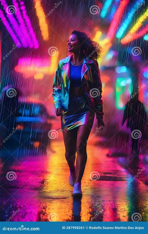 A Beautiful Woman Walking Down A Street With Neon Lights Ai Generated