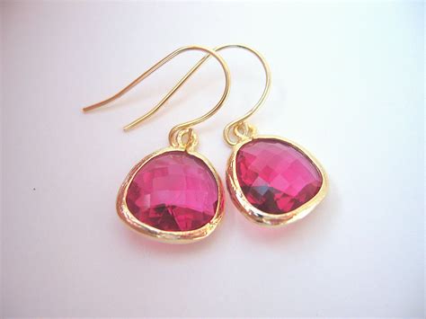 Ruby Fuschia Earrings Glass Gold Earrings Hot Pink Earrings On Luulla