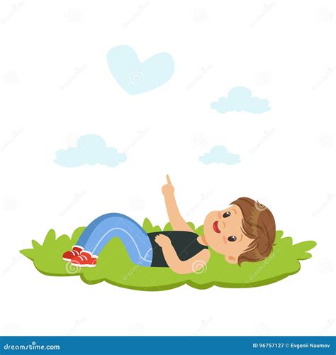 A Man Lying On The Grass Connecting To Cloud Data Cartoon Vector