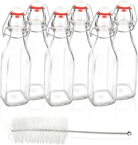 Swing Top Square Glass Bottles 6 Piece Flip Top Leak Proof Water Bottles With Cleaning Brush
