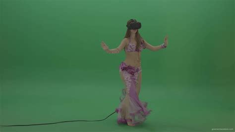beautiful belly dancer  purple wear  vr headset dances  green screen background
