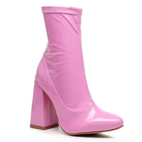 La Gogo Ankle Boot Pink Stretch Vegan Shiny Leather Block Heel