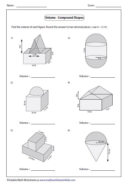 Volume Compound Shapes Worksheet With Diagrams For The Surface And Area